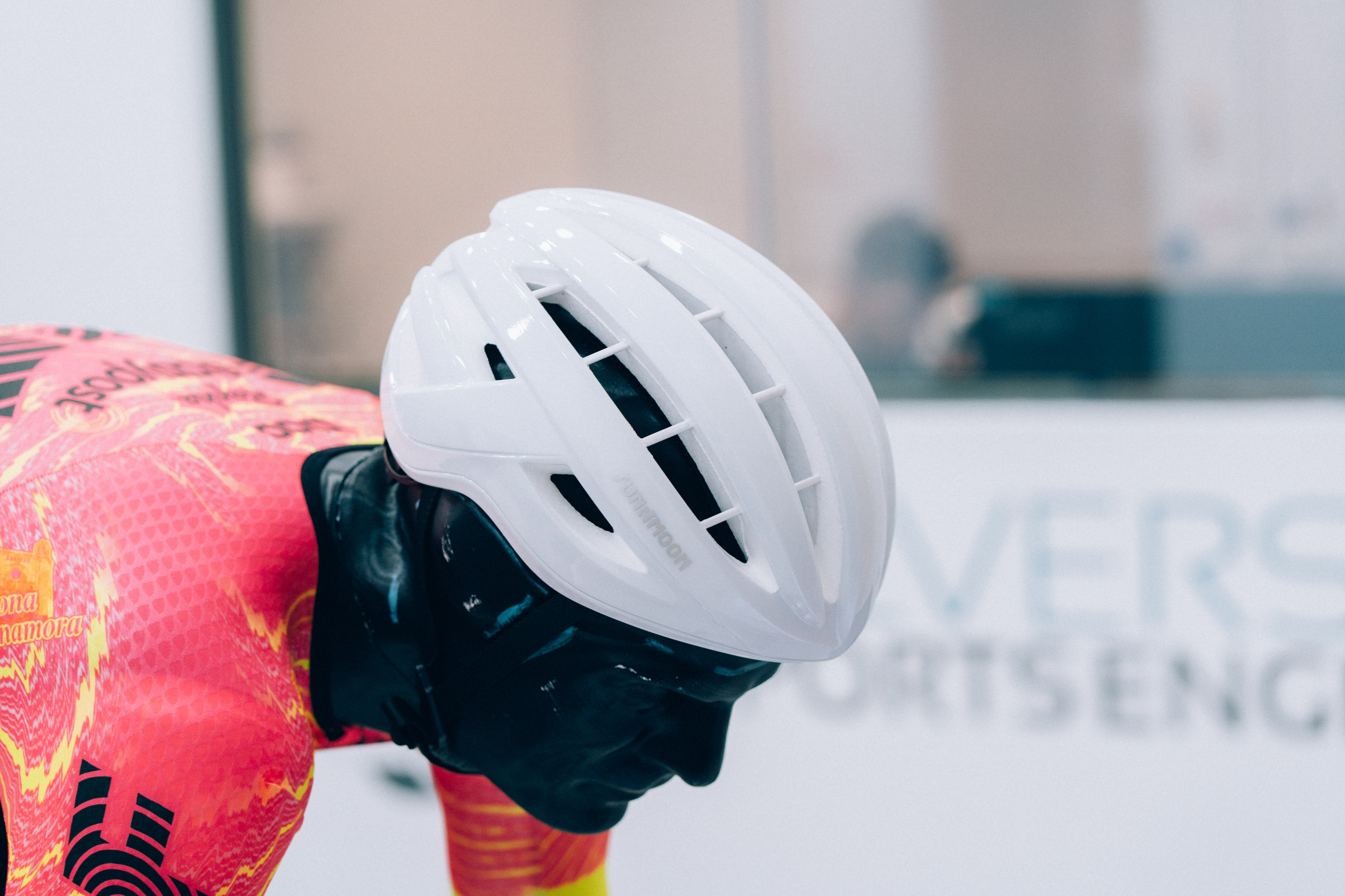 A close up of helmets being tested in the wind tunnel