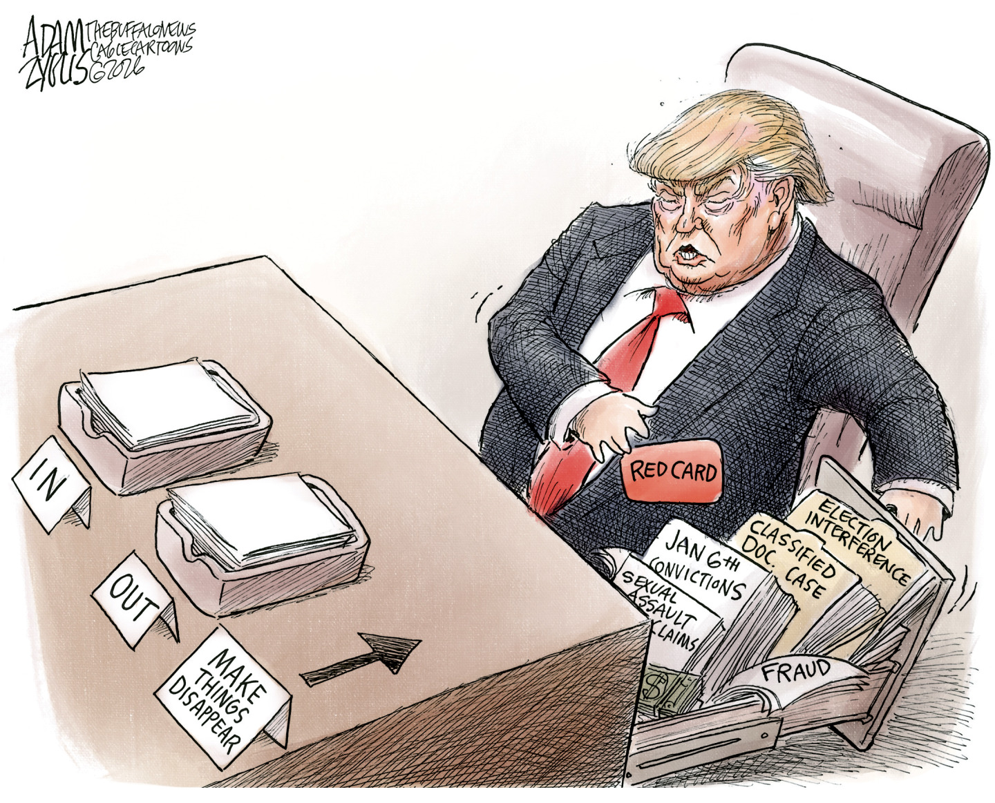 Donald Trump sits at his desk. There are piles of paper labeled &amp;ldquo;IN&amp;rdquo; and &amp;ldquo;OUT&amp;rdquo;. A third label reads &amp;ldquo;Make Things Disappear&amp;rdquo; with an arrow pointing to a drawer. Trump drops a red card into that drawer, which also includes files labeled election interference, classified doc. case, Jan. 6 convictions, sexual assault claims, and fraud.