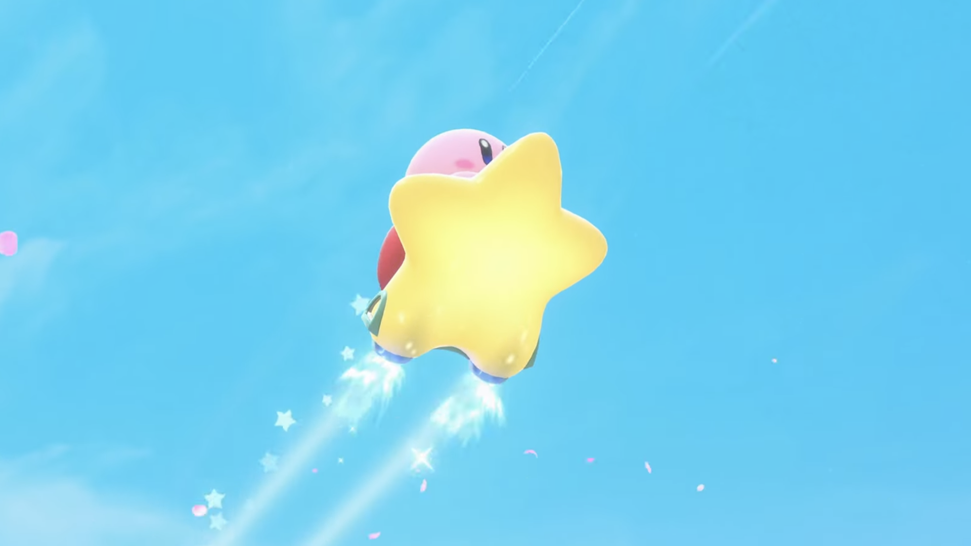 Kirby flies through the sky on top of a star