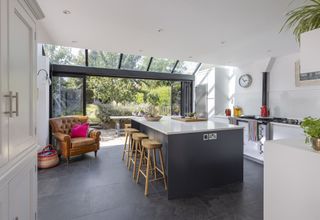 white modern kitchen with glazed bifold door extension