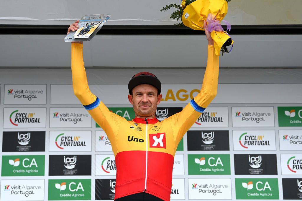 LAGOS PORTUGAL FEBRUARY 15 Alexander Kristoff of Norway and UnoX Pro Cycling Team celebrates at podium as stage winner during the 49th Volta ao Algarve em Bicicleta 2023 Stage 1 a 2002km stage from Portimo to Lagos VAlgarve2023 on February 15 2023 in Lagos Portugal Photo by Tim de WaeleGetty Images