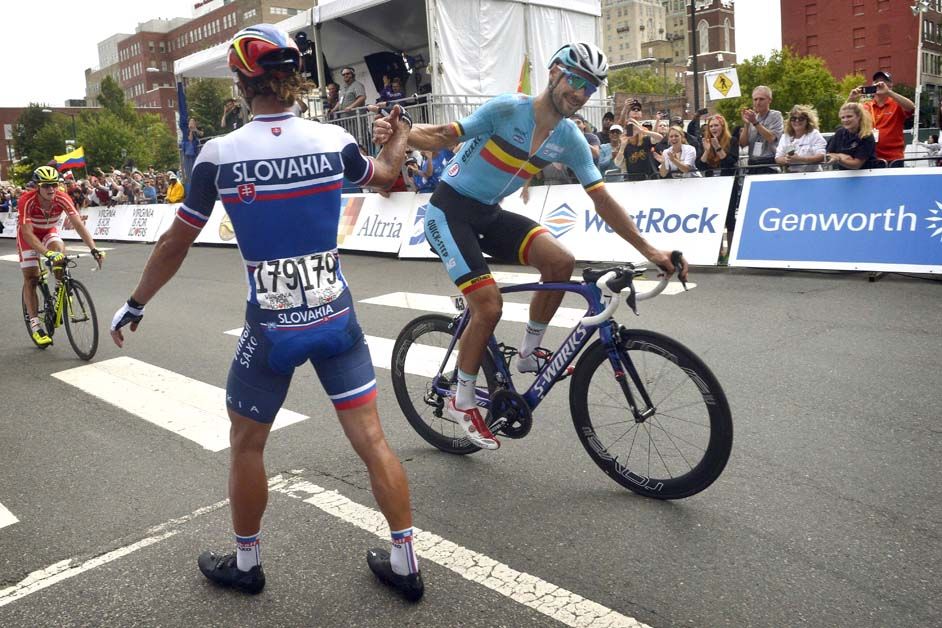 Tom Boonen congratulates Peter Sagan after winning the world championships