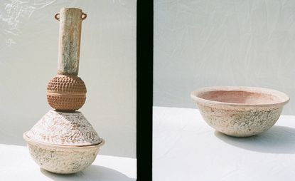 LEFT: A covered brown ceramic dish with a cylinder object placed it on and captured during the day; RIGHT: A brown ceramic dish, captured during the day on grey surface