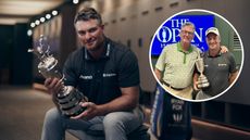 Main image of Ryan Fox holding the Claret Jug in the locker room at Royal Birkdale with an inset image of Karl Morris and Fox posing with the Claret Jug (right)