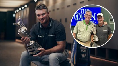 Main image of Ryan Fox holding the Claret Jug in the locker room at Royal Birkdale with an inset image of Karl Morris and Fox posing with the Claret Jug (right)