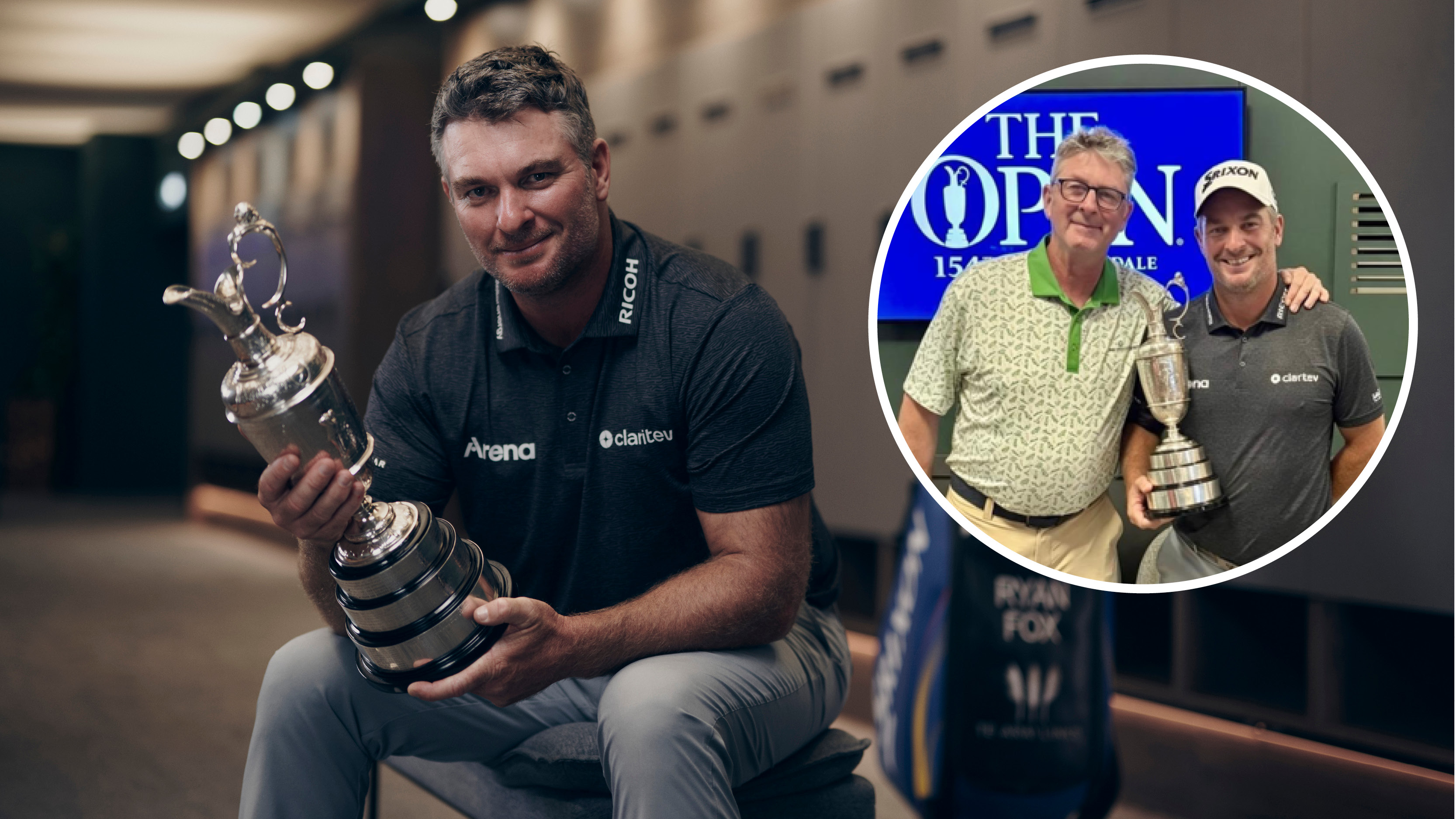 Main image of Ryan Fox holding the Claret Jug in the locker room at Royal Birkdale with an inset image of Karl Morris and Fox posing with the Claret Jug (right)