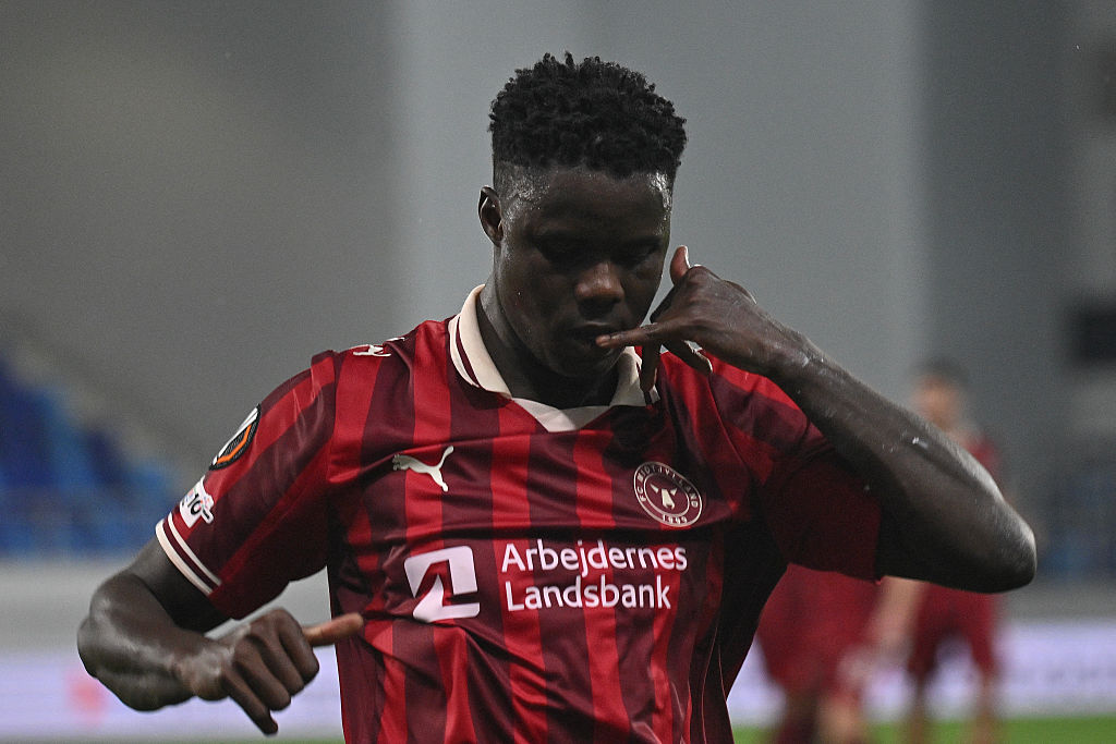 Midtjylland's Guinean forward #07 Dju Franculino celebrates after scoring his team's third goal during the UEFA Europa League football match between Maccabi Tel Aviv and FC Midtjylland at the TSC Arena in Backa Topola on October 23, 2025.