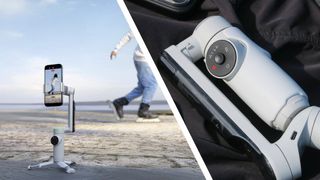 Insta360 Flow Pro phone gimbal on a beach with phone filming a rollerblader / Flow Pro gimbal folded away on a bag