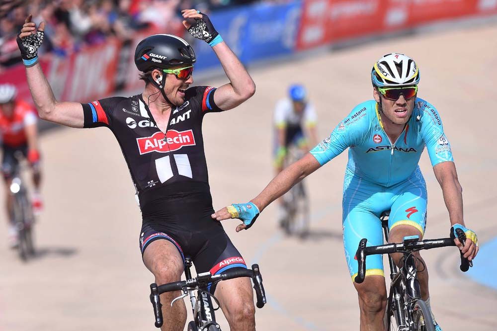 Lars Boom (Astana) sportingly congratulates John Degenkolb on his big win