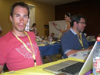 Former Rabobank rider Pedro Horrillo hard at work on a hot day in the Tour de France's press room.