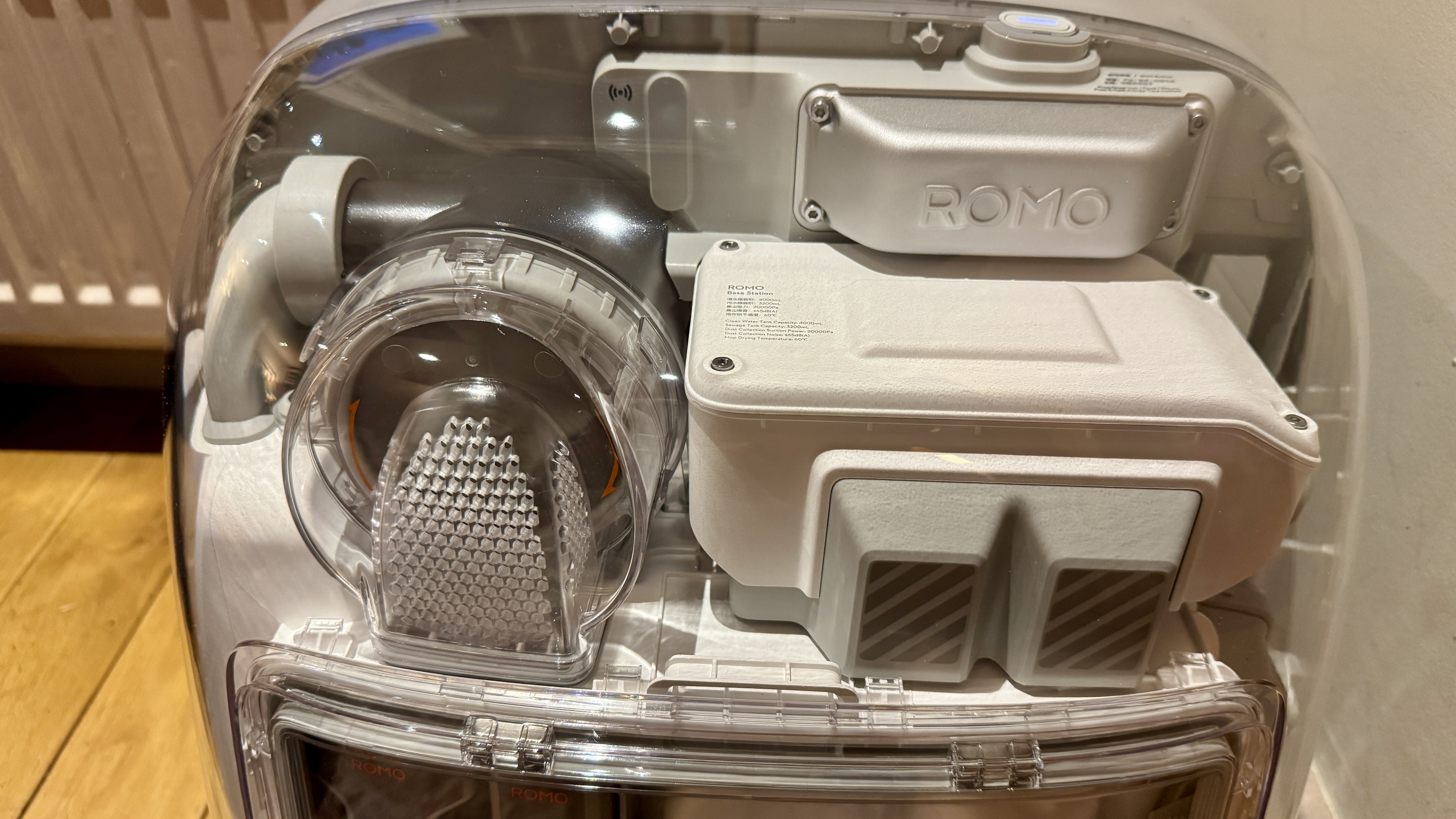 Close-up of DJI Romo P robot vacuum dock