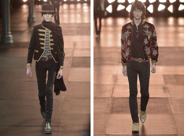 A separate front on view of different models on the same catwalk with large tiled flooring