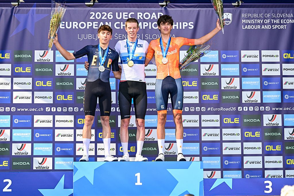 Norway's Elias Dybing tops the podium after winning the Men juniors Road Race at the 2026 UEC Road European Championships, in Slovenia. Photo by DAVID PINTENS / BELGA MAG / Belga / AFP via Getty Images)