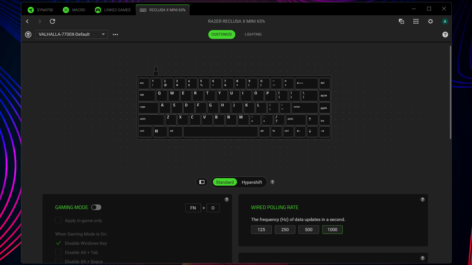Razer Synapse settings for the Reclusa X Mini 65% gaming keyboard
