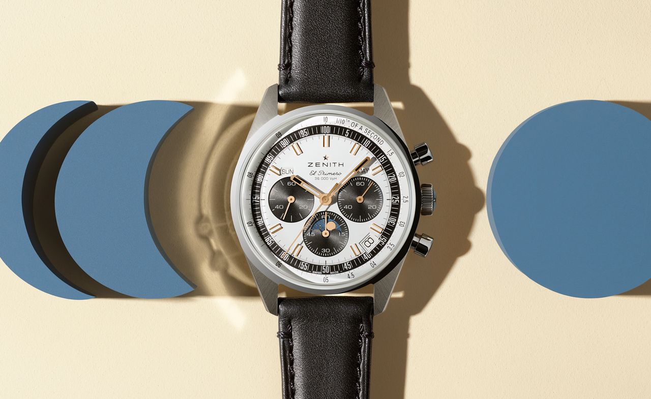 New Zenith watches include the Chronomaster Original Triple Calendar, seen here with black strap