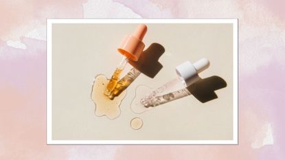 A pink and lilacframe containing an image of two pipettes, one spilling out a peach coloured serum and one a clear serum, on a beige surface