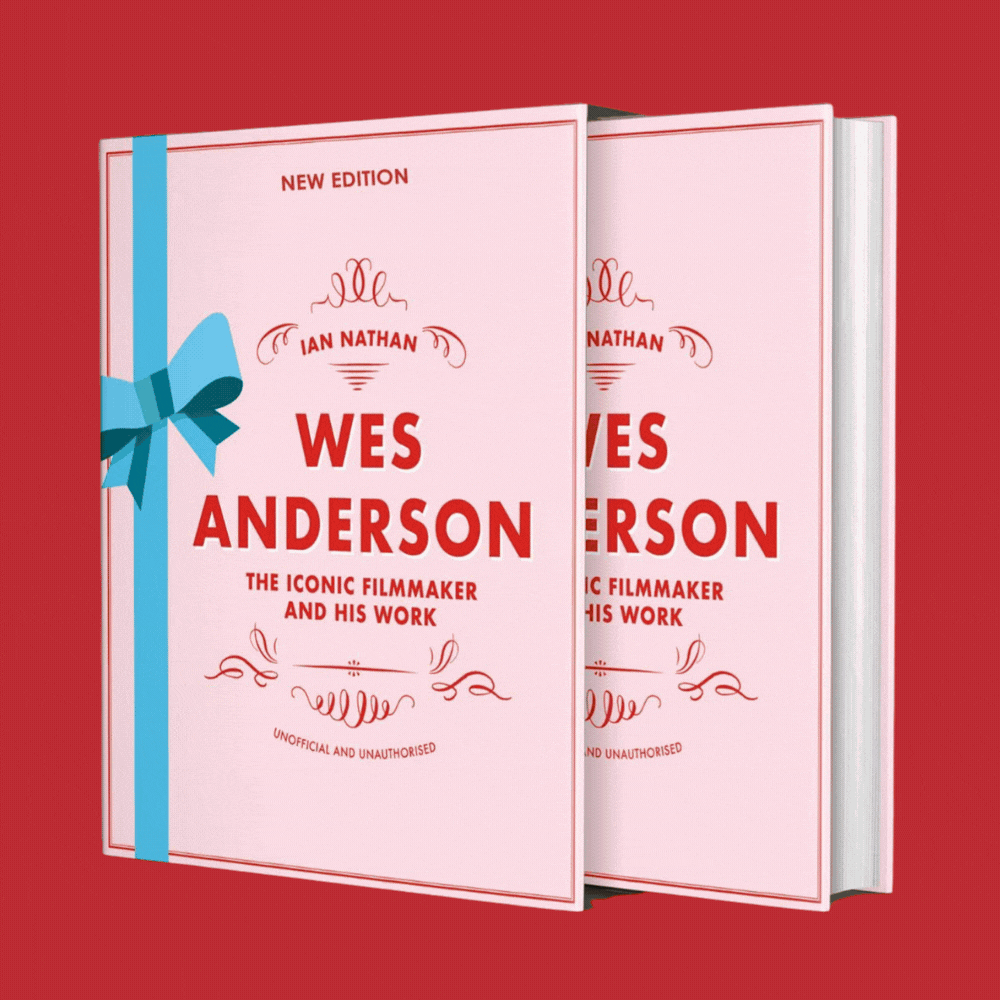 Ian Nathan Wes Anderson: The Iconic Filmmaker and his Work (Iconic Filmmakers Series) pink and red-tinted cover and salmon-tinted interior with lots of colorful images and text, shown in a rotating gif against a red background.