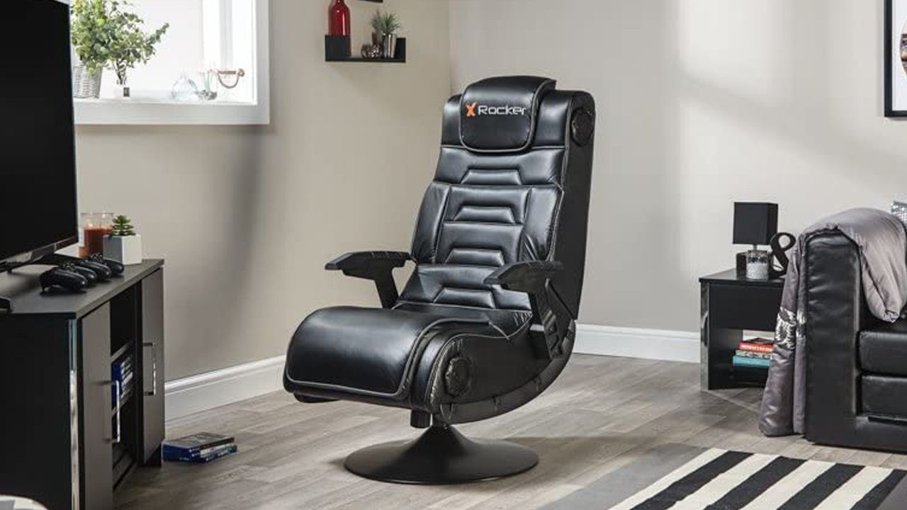 A marketing image showing the X-Rocker Pro in a gaming room