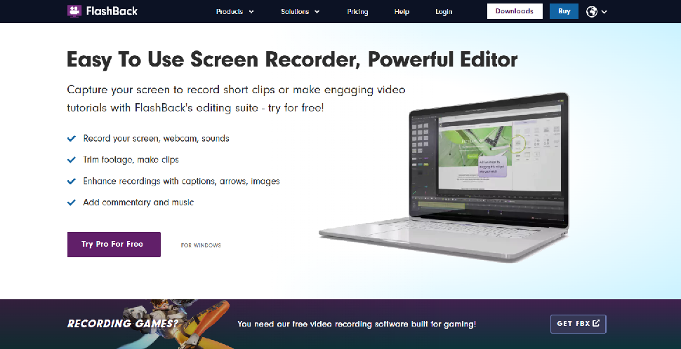 Screenshot of FlashBack Express free screen recorder homepage