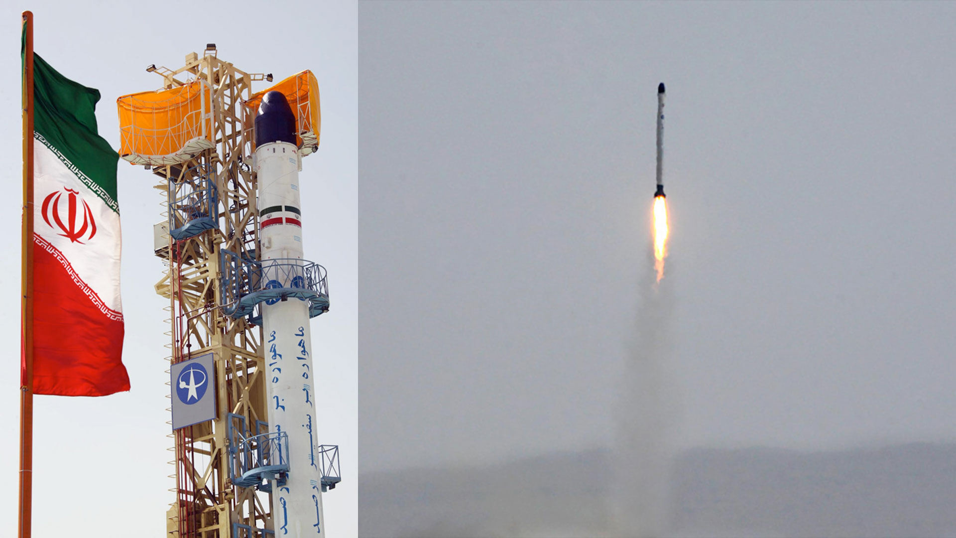 two views of a rocket, first on the launch pad and then during launch; the rocket is white with a black nose cone.