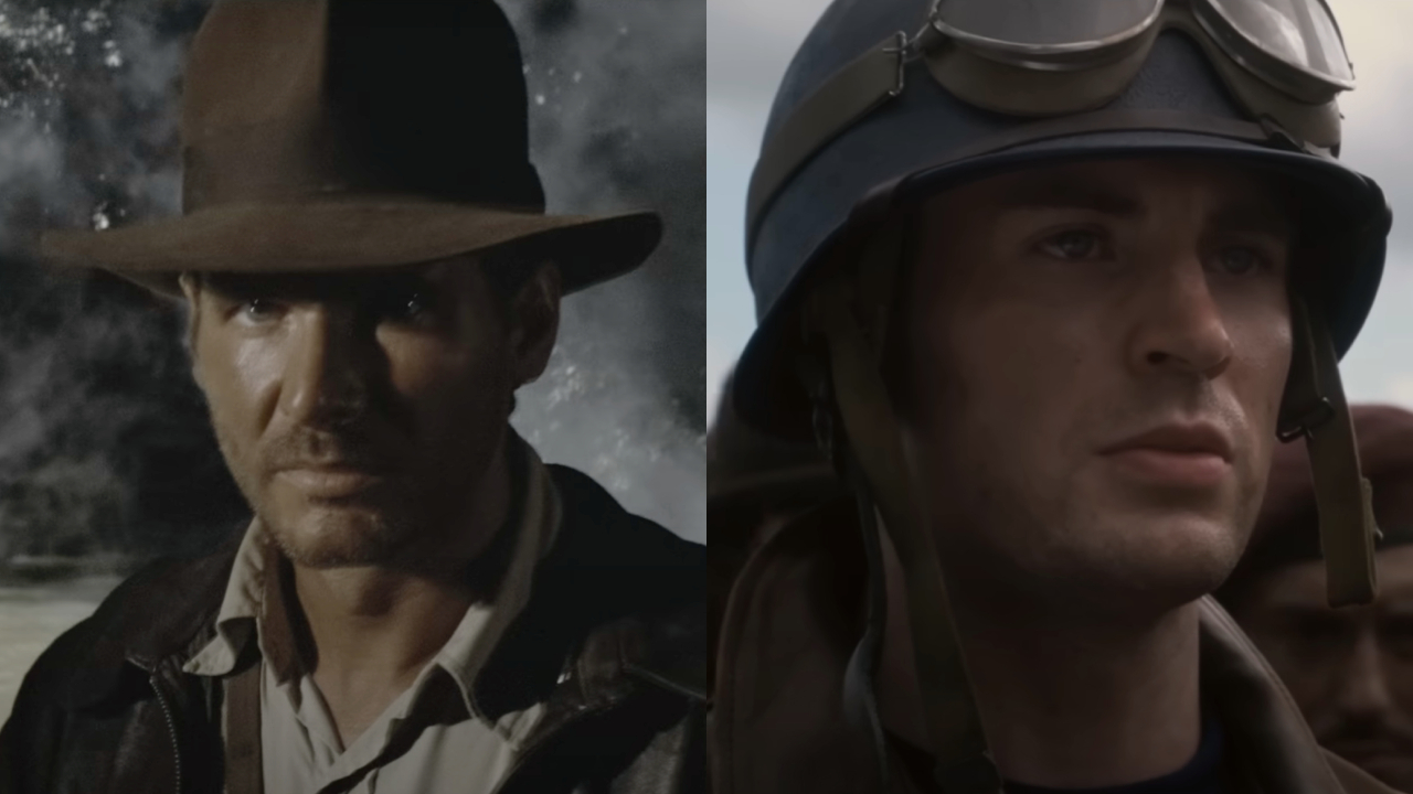 Harrison Ford as Indiana Jones in Raiders of the Lost Ark and Chris Evans in Captain America: The First Avenger