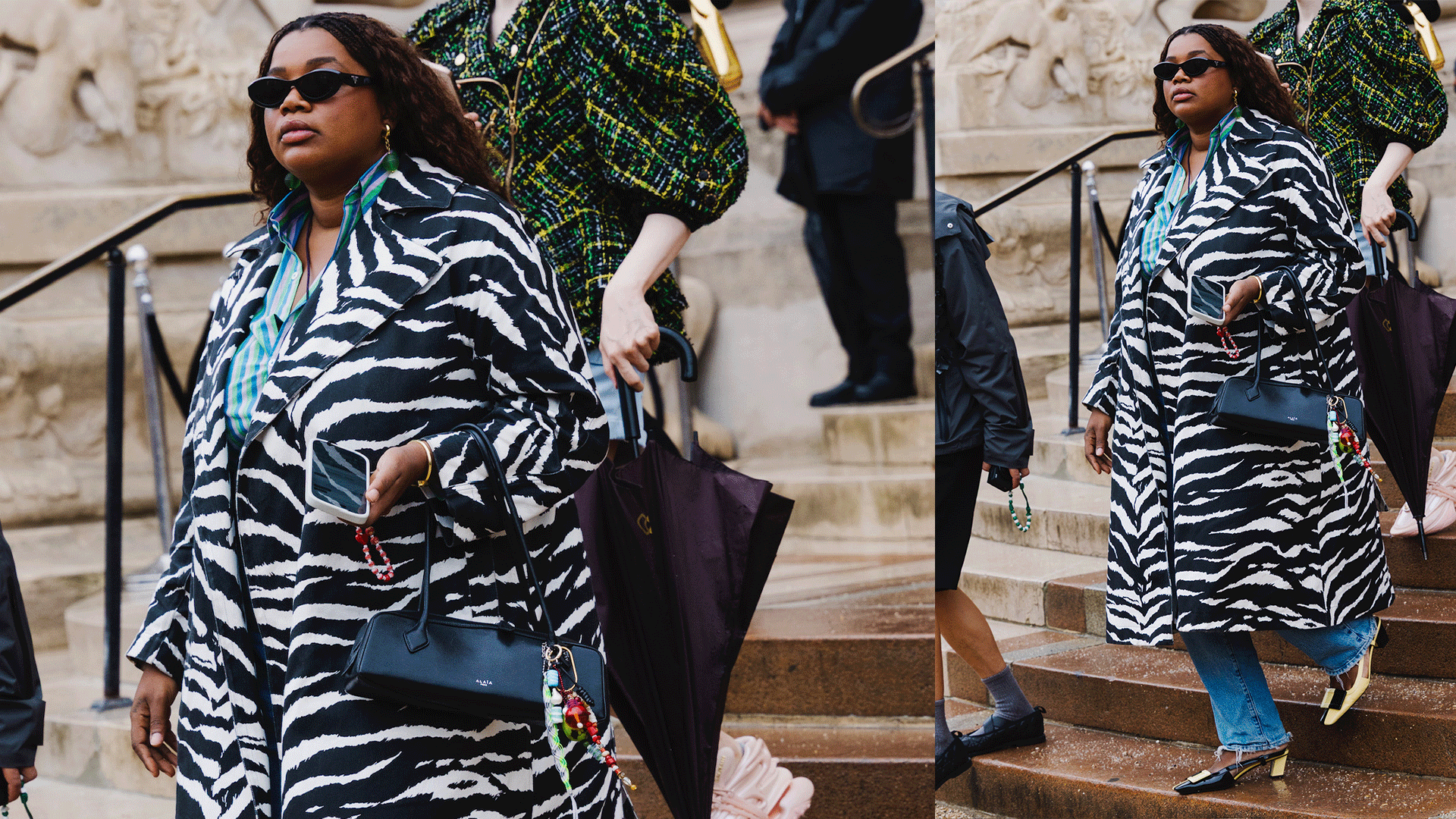 Gabriella wears zebra coat, jeans, two-toned heels and a black Alaia bag.