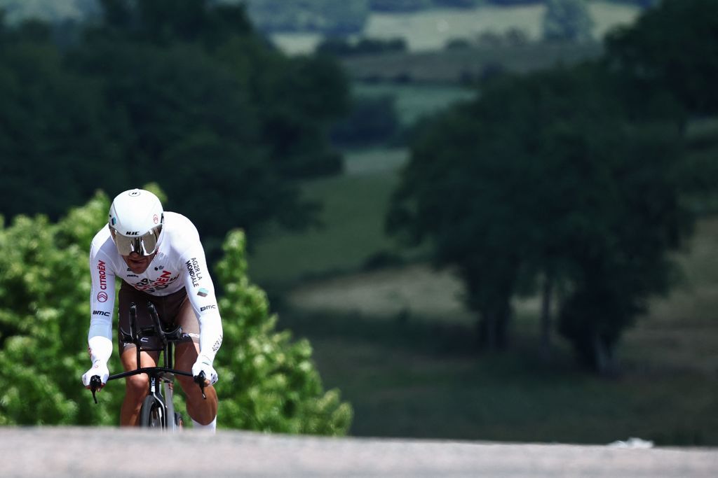 AG2R Citroen Teams Belgian rider Greg Van Avermaet competes in the fourth stage of the 75th edition of the Criterium du Dauphine cycling race individual time trial 311km between Cours to Belmont de La Loire France on June 7 2023 Photo by AnneChristine POUJOULAT AFP Photo by ANNECHRISTINE POUJOULATAFP via Getty Images