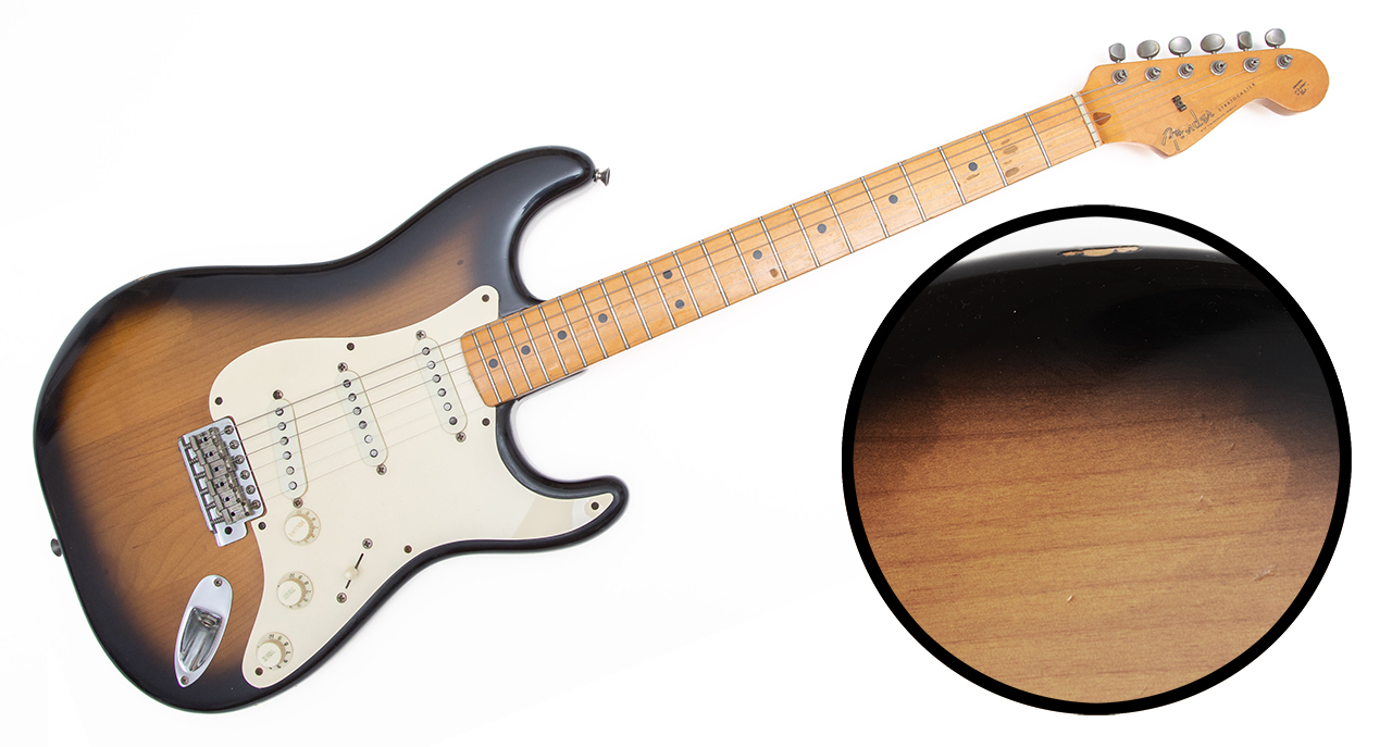 Adam Morganstern&amp;rsquo;s brown Strat with detail of damage