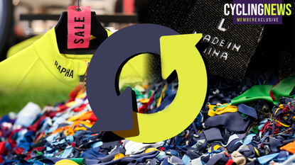 A collage of imagery related to cycling kit, with a circular arrow overlayed.