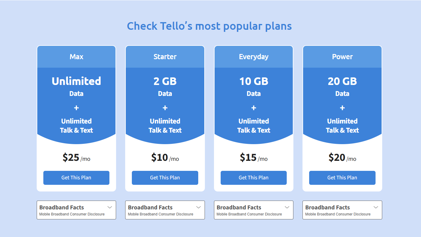 Screenshot from Tello showing most popular phone plans