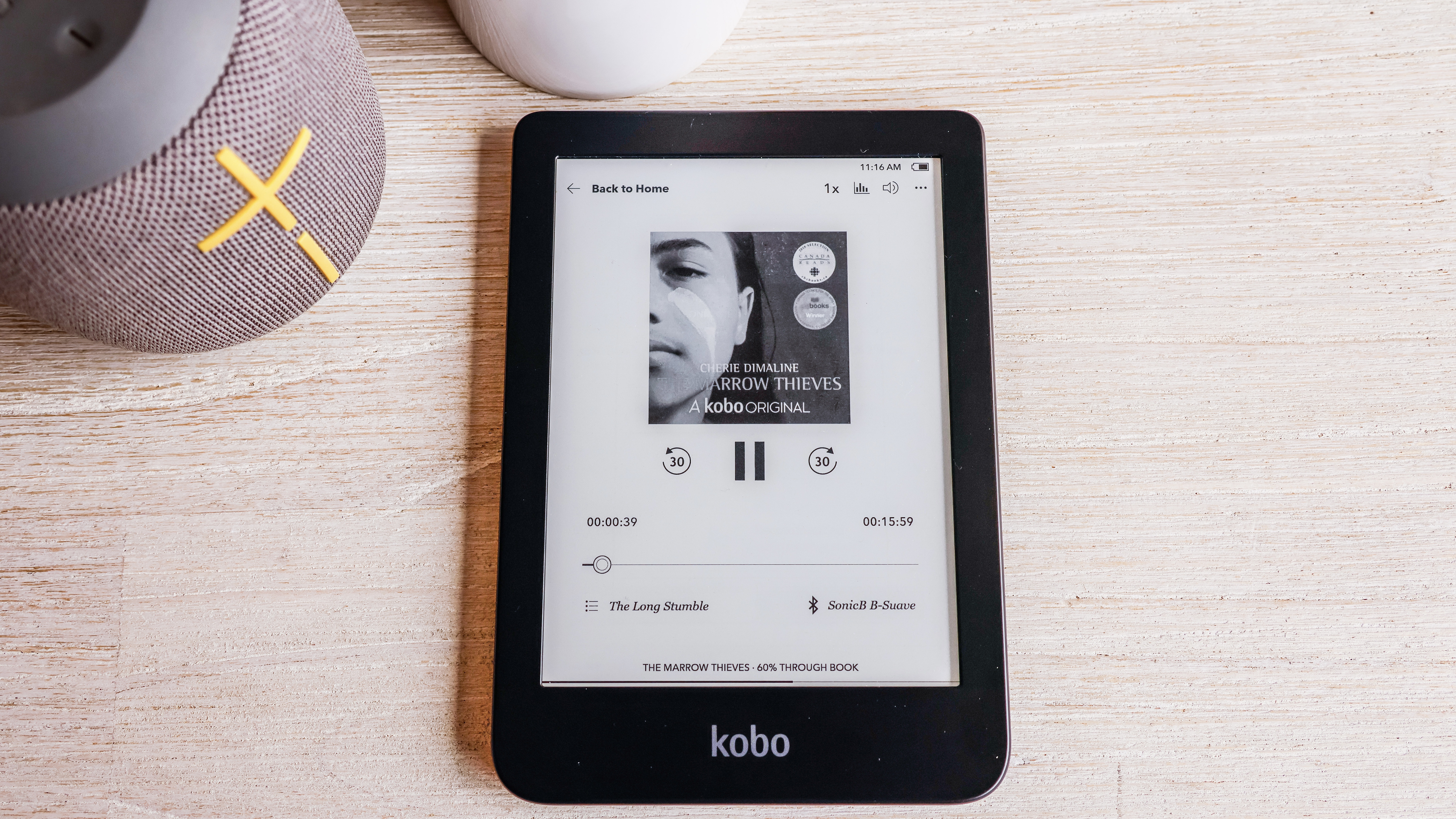The Kobo Clara 2E displaying the use of an audiobook.