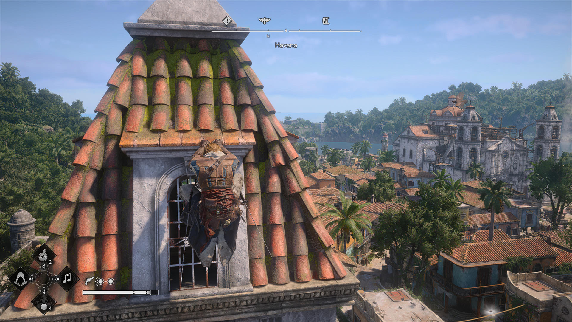 Edward Kenway clambers up a tower in sunny Havana in Assassin's Creed Black Flag Resynced
