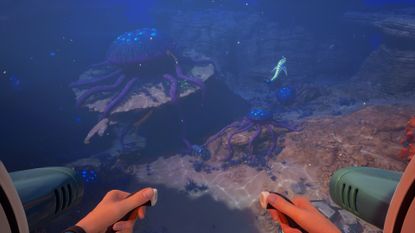 A player with both hands visible, swimming underwater in a submersible vehicle 
