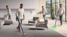 The same person vacuuming using the Dyson Gen5outsize in different spots in a large, open living room with gray carpet, wooden floor and gray armchairs.