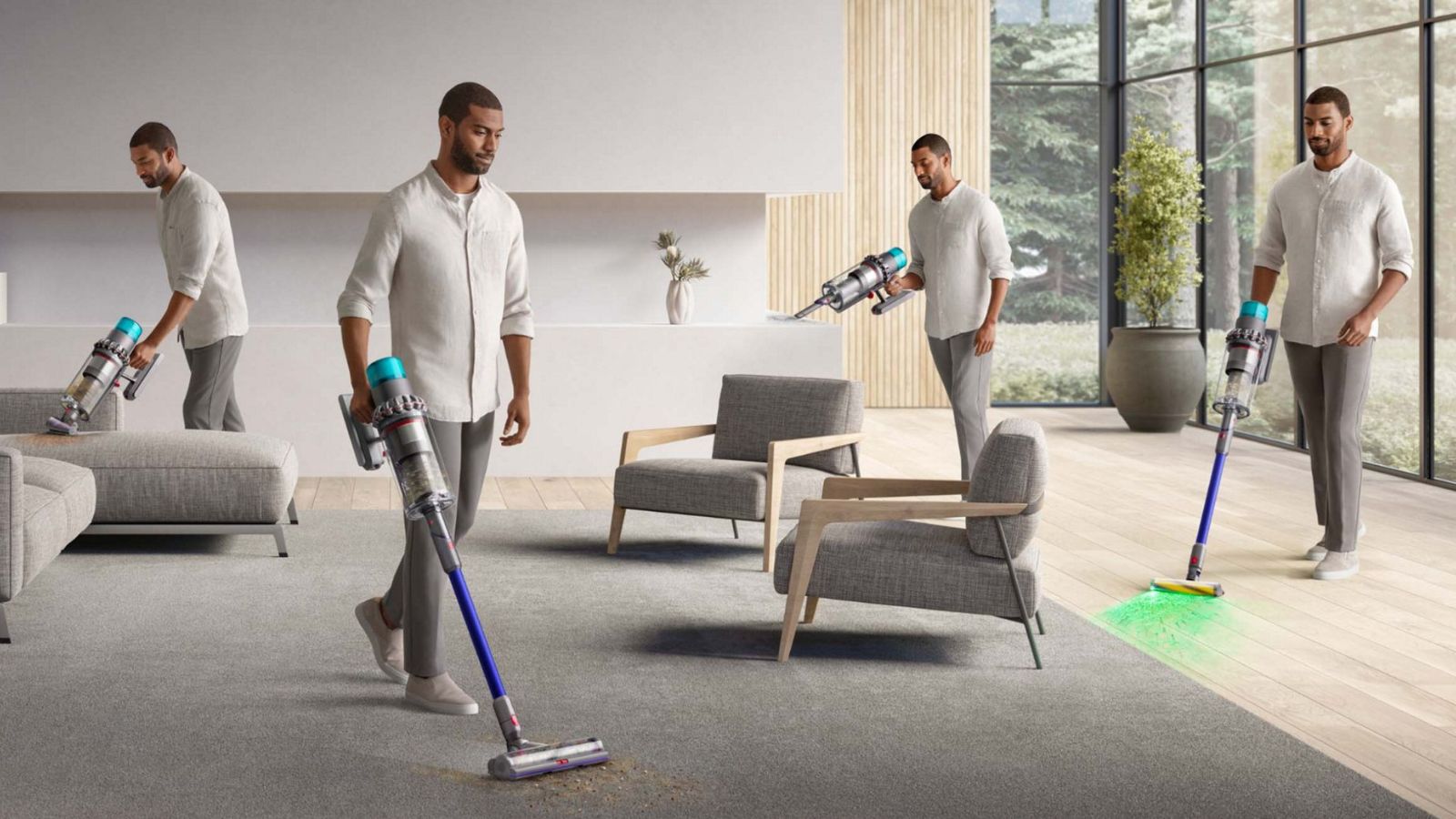 The same person vacuuming using the Dyson Gen5outsize in different spots in a large, open living room with gray carpet, wooden floor and gray armchairs.