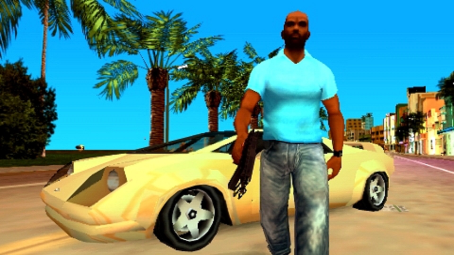 GTA Vice City Stories of the protagonist walking in front of a sports car with a gun