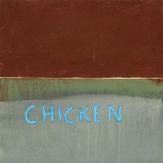 Illustration, top half rustic colour background, bottom half rust colour merged into a green/ grey background with the word 'chicken' wrote in blue