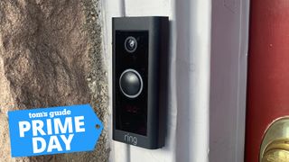 ring video doorbell wired on a wall with a deal tag