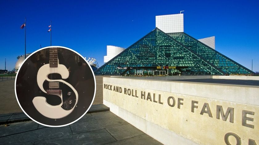 Main image&ndash;Outside the Rock and Roll Hall of Fame Museum, Cleveland, OH; Secondary Image&ndash;Raven Slaughter's S-shaped Gibson