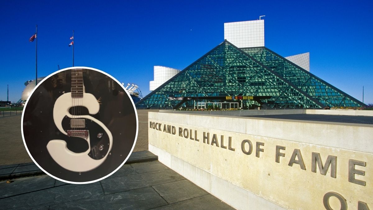 Main image&ndash;Outside the Rock and Roll Hall of Fame Museum, Cleveland, OH; Secondary Image&ndash;Raven Slaughter's S-shaped Gibson