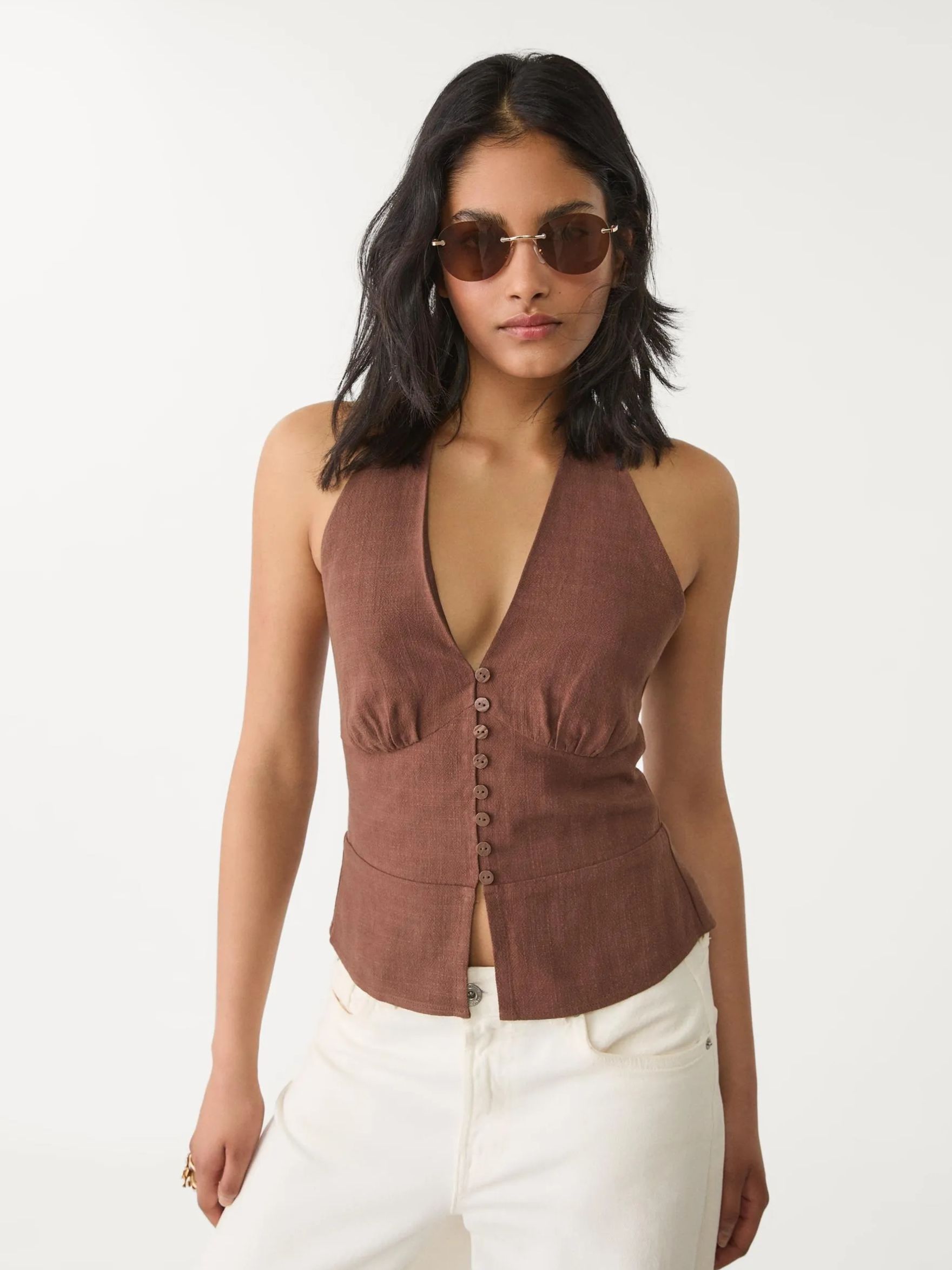 stradivarius, Linen Blend Halter Top With Buttons