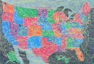 Hand-drawn colourful map of US demographics and economy