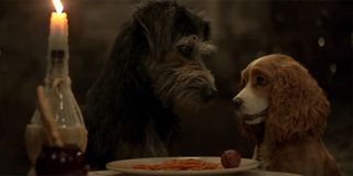 Lady and the Tramp sharing a spaghetti dinner