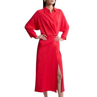 Viscose Crepe Long Sleeve Woven Midi Shirt Dress