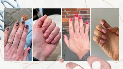 A collage of the beauty team's April nails: On the left is Digital Beauty Writer, Naomi Jamieson's brown and blue polka dot nails, followed By Digital Beauty Editor, Fiona McKim's glossy sheer nails, Digital Beauty eCommerce & Shopping Editor, Aleesha Badkar's short red nails and finally, on the right, Digital Beauty Writer, Sennen Prickett's square candy-pink nails can be seen. All featured in a cream template with blue and pink nail polish spill stock images