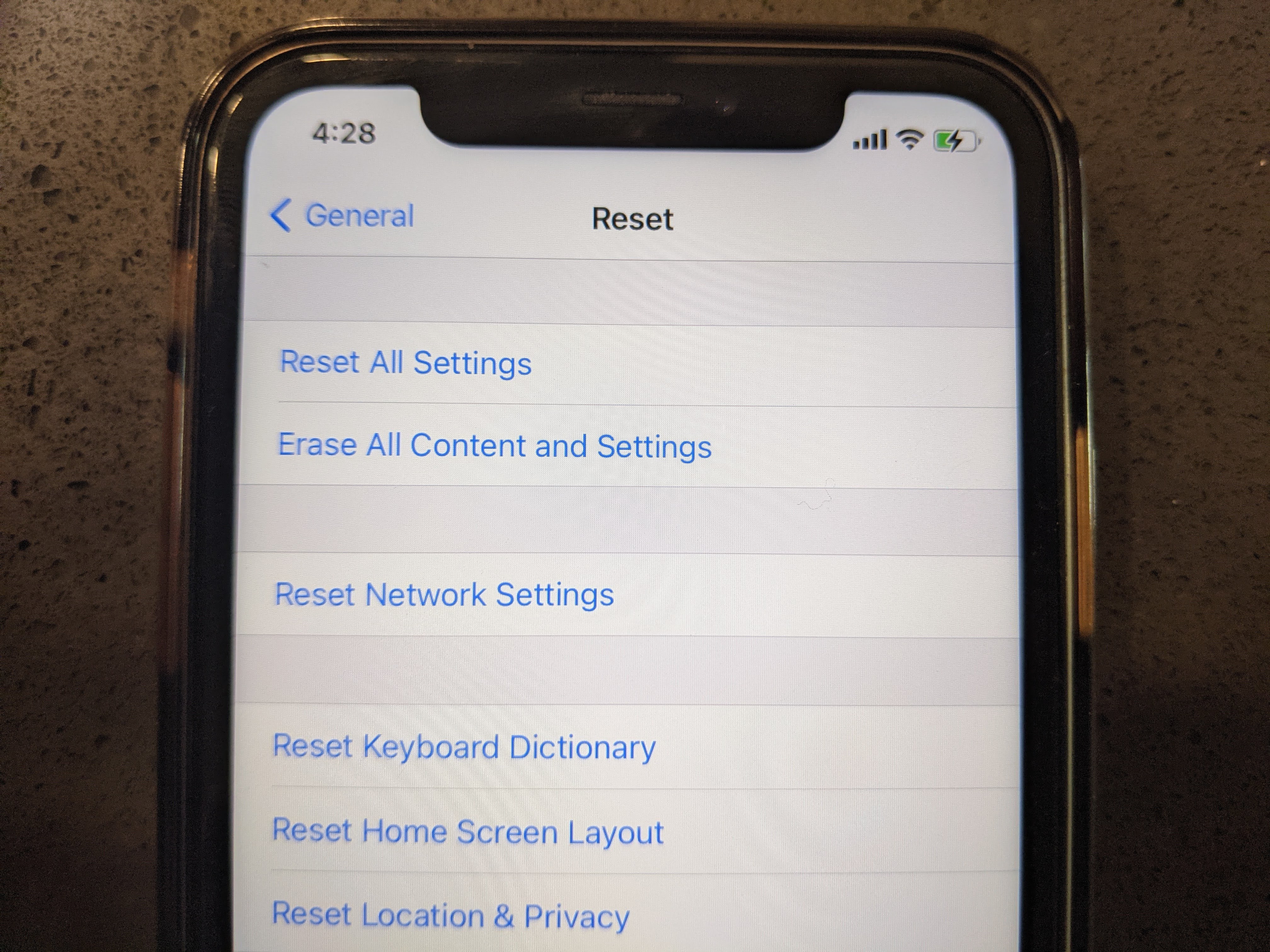 iPhone Reset menu