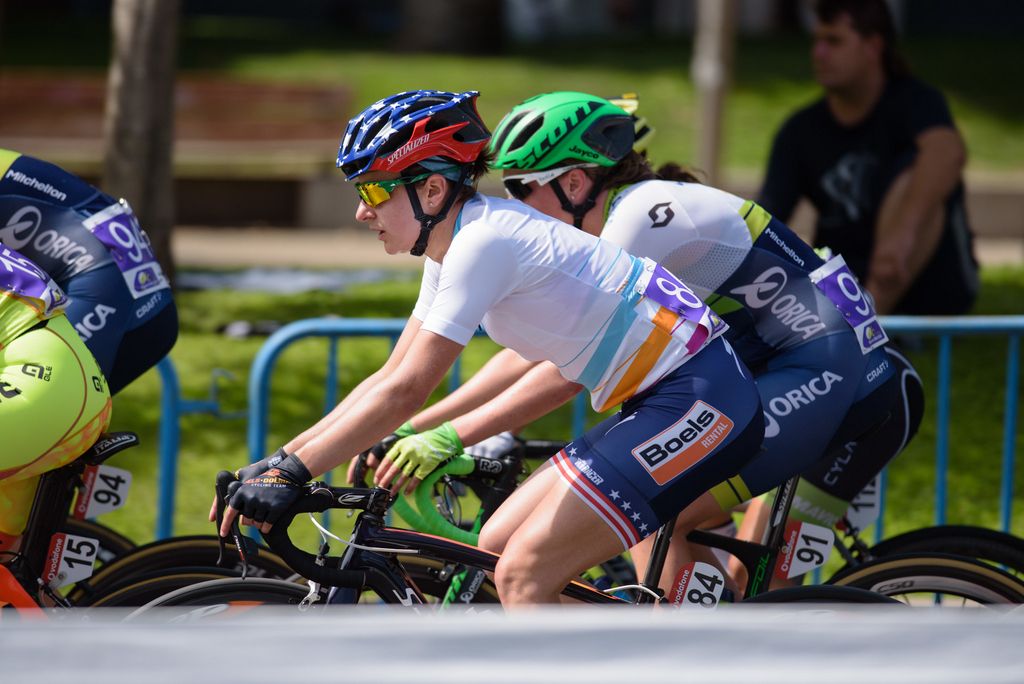 Megan Guarnier (Boels Dolmans) in the Women's WorldTour leader's jersey