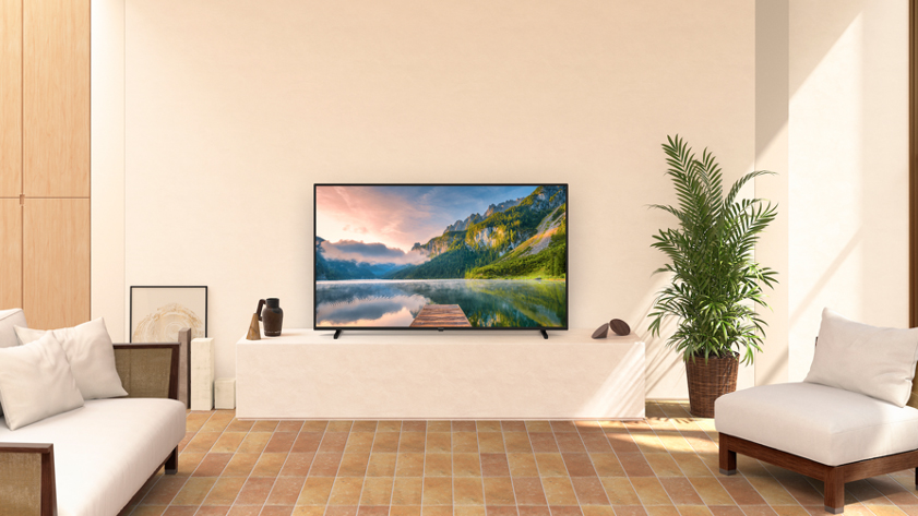 Et Panasonic-tv står på en hvid tv-bænk i en lys stue og viser et landskabsbillede på skærmen.