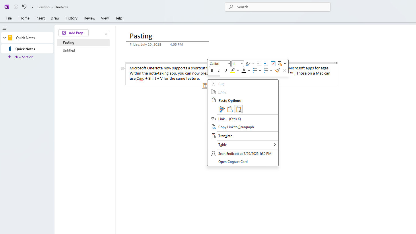 Paste text only in OneNote on Windows
