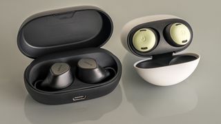 Jabra Elite 7 Pro and Google Pixel Buds Pro earbuds in their cases.